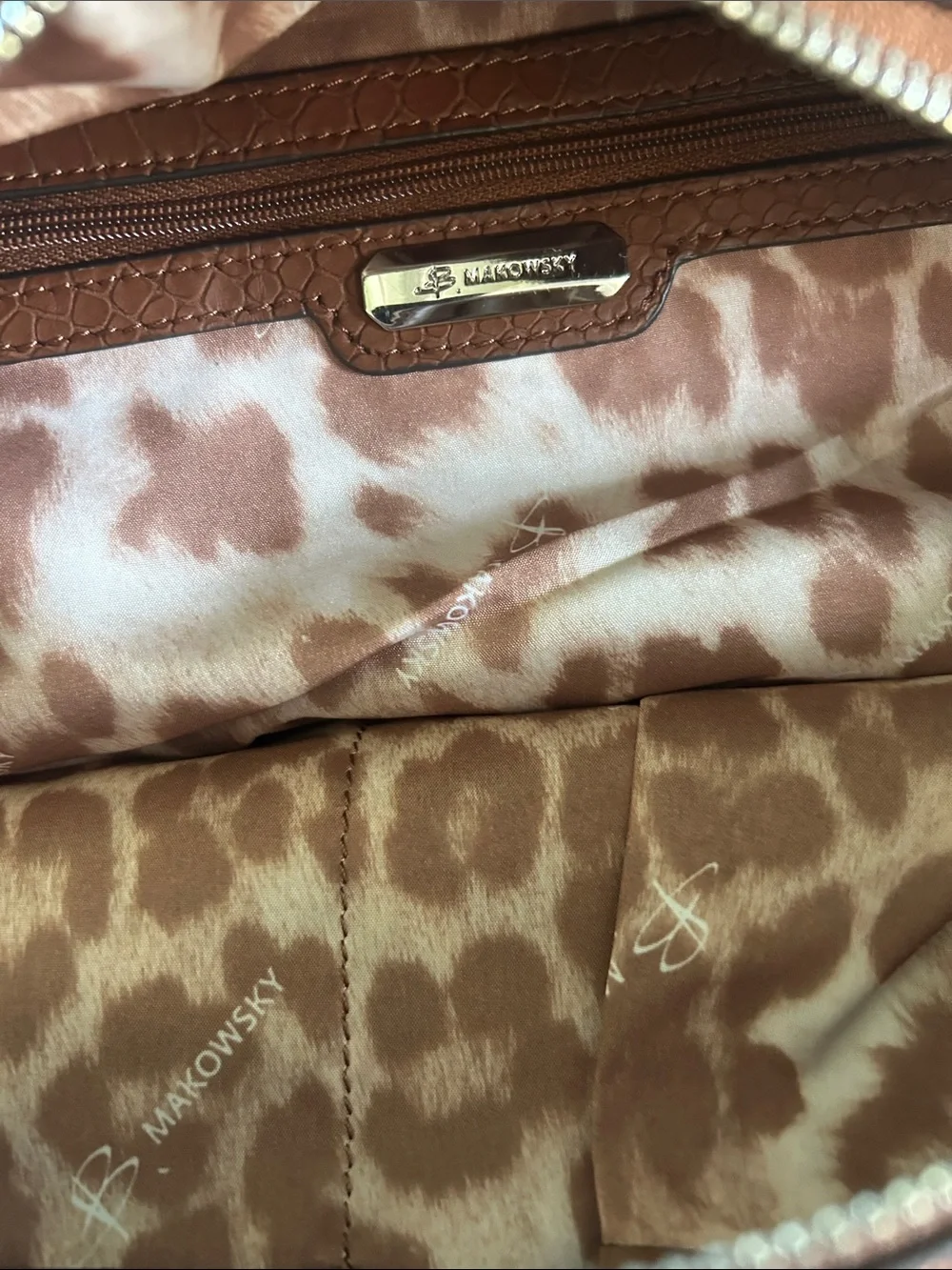 b. makowsky Tan/Brown Leather Satchel with Animal-Print Panel